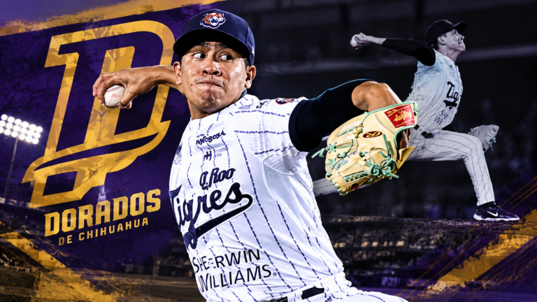 Vicente Valenzuela lanza con uniforme de Tigres en un montaje deportivo de Dorados de Chihuahua